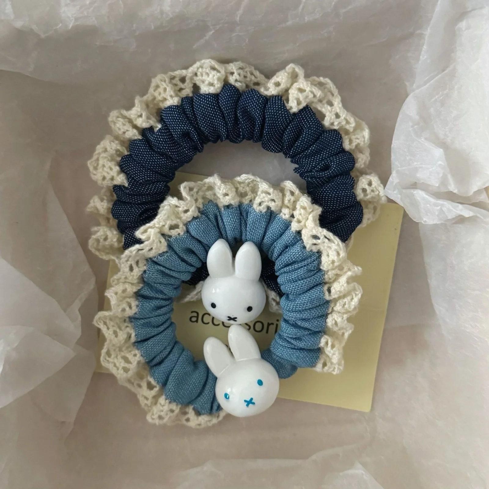 1PC Blue & Navy Rabbit - Decorated Scrunchies, Lace - Edged Hair Bands, Lovely Hair Accessories for Women