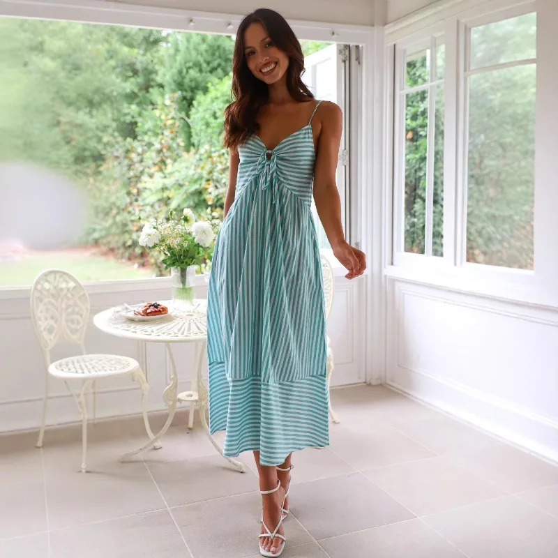 Robe longue d'été pour femmes, tendance, rayée, vacances, style Boho, plage, bretelles Spaghetti, cravate au dos avec poches, 2025