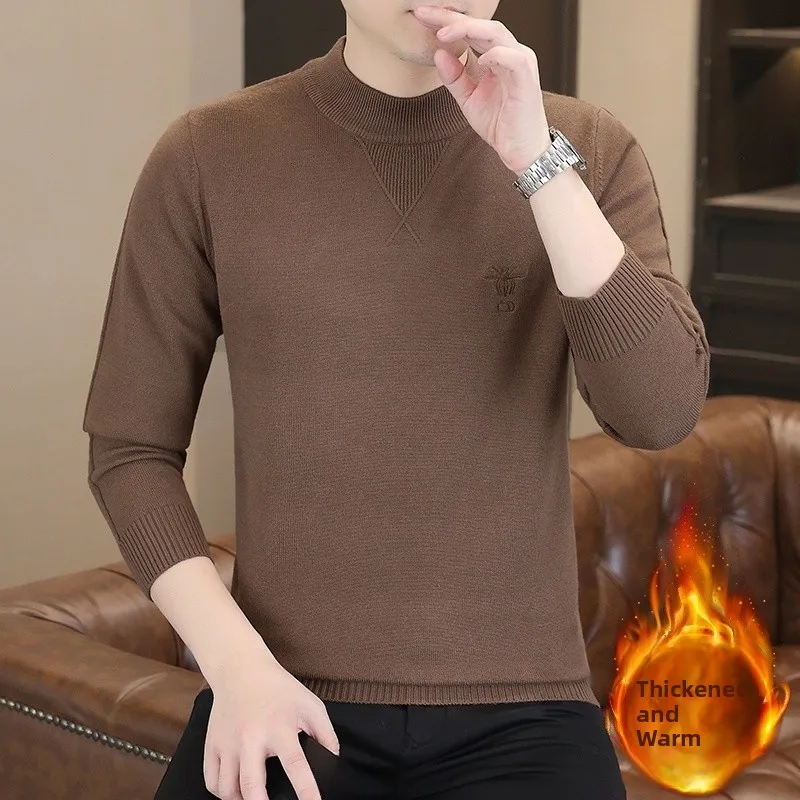 

Мужской вязаный базовый слой: утепленный свитер с воротником-стойкой, однотонный, повседневный, модный, из полиэфирного волокна, для ношения под одеждой