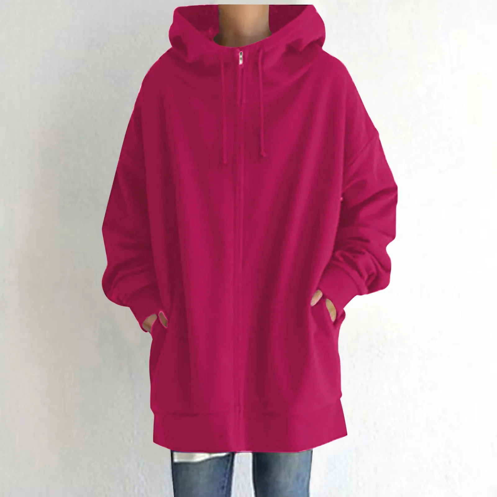 Hoodies extragrandes femininos com zíper, jaquetas de bolso compridas, streetwear com capuz feminino, outwear de lã, casaco Harajuku, moletons de inverno