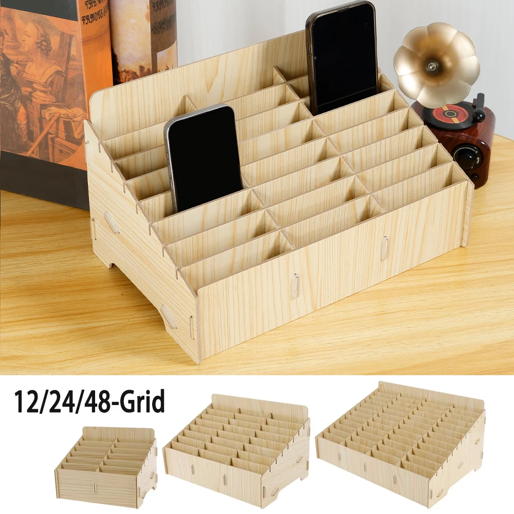 12/24/48 grade caixa de armazenamento do telefone móvel suporte do telefone celular de madeira organizador de mesa multifuncional para gerenciamento de telefone em sala de aula