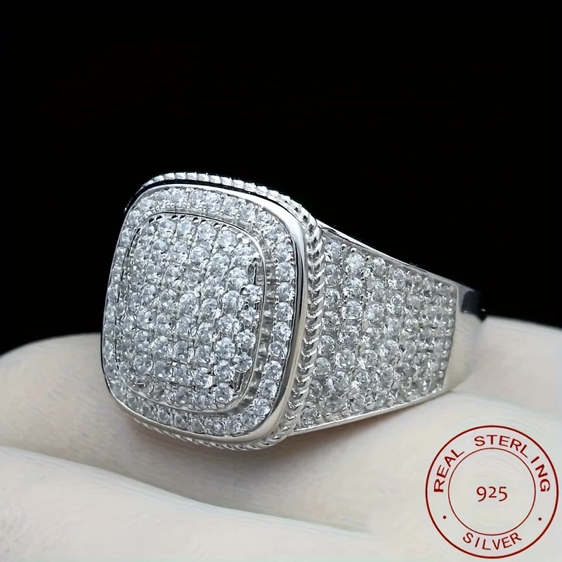 925 فضة مثلج خارج بلينغ الرجال العنقودية الخنصر الدائري مستطيل الهيب هوب نمط الزفاف الفرقة خواتم الذكور المجوهرات #2
