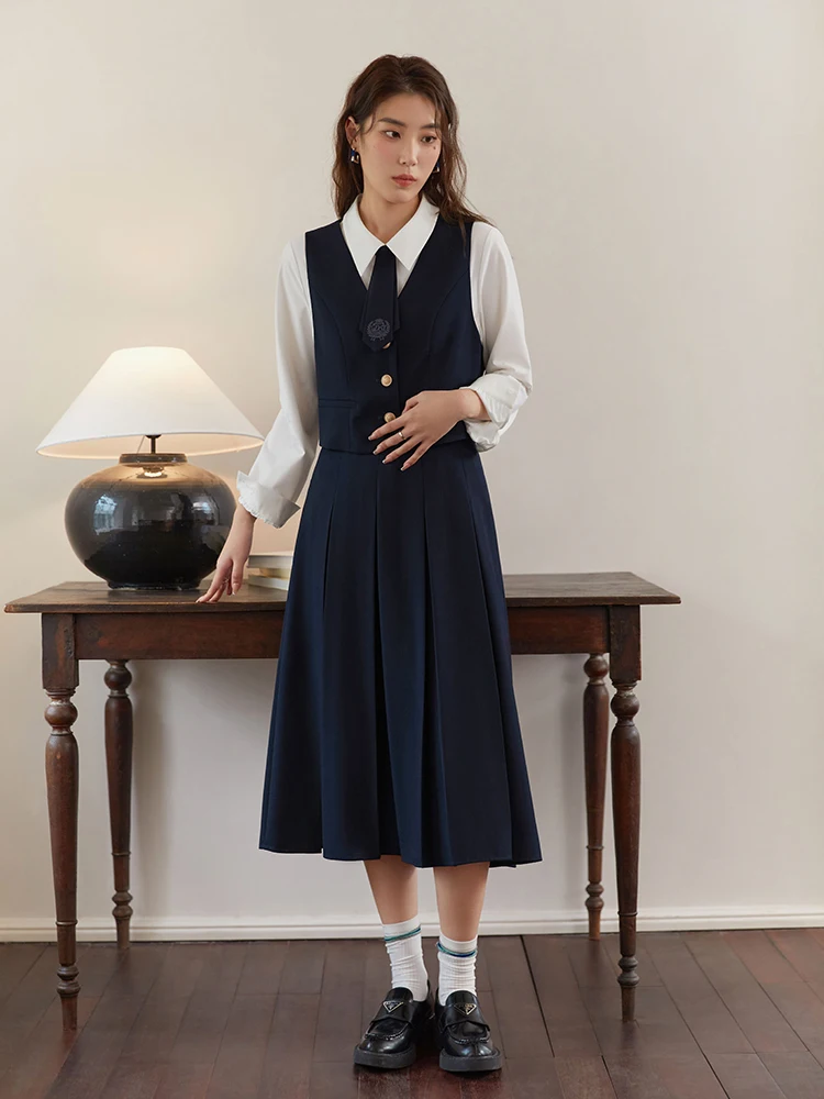 DUSHU College Style Short Blazer Coat Fashion Two Piece Suit for Women Literary Retro Spring New High Waist Half Pleated Skirt