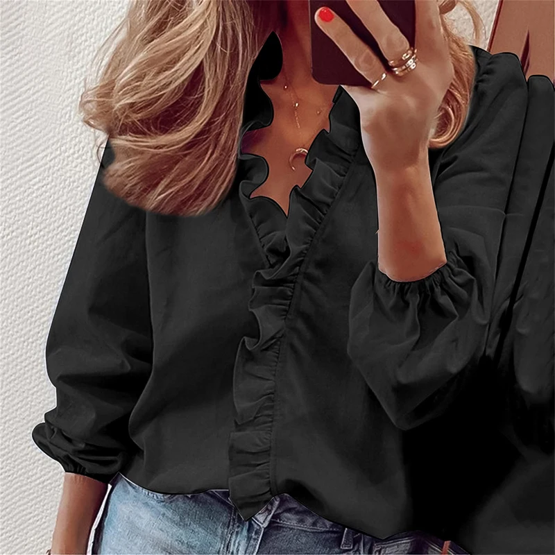 Spring Casual Ruffles Shirt Office Lady Blouses V Neck Blouse White Long Sleeve Women Top Elegant Blouses for Women 2024