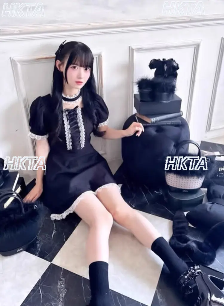 

Japanese Summer New Sweet Lace Tie Square Neck Bubble Short Sleeve Slim Pleated A Line Mini Dress Black Shorts Lolita Sets Women