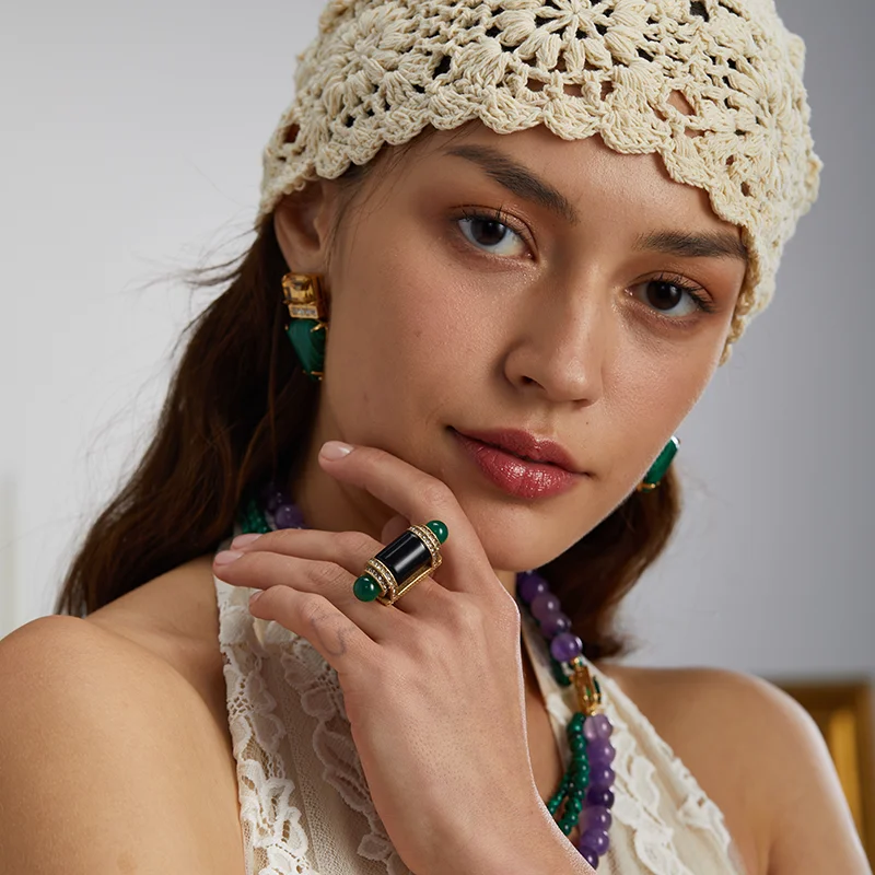 18K Gold-Plated Onyx Statement Ring for Women