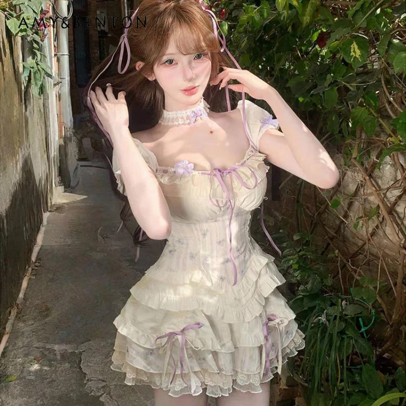 

Korean Sweet Cute Floral Waist Cool Girl Top 2025 Summer Design Lace Bow Cake Skirt Age Reduction Sexy Two-piece Suit Ladies