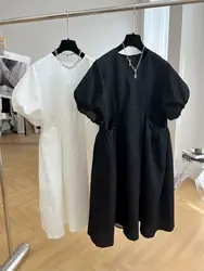 Kobiety Plus Size L-4XL w stylu Vintage francuski klasyczna sukienka z krótkim rękawem z okrągłym dekoltem luźna swobodne sukienki 2023 nowa letnia odzież