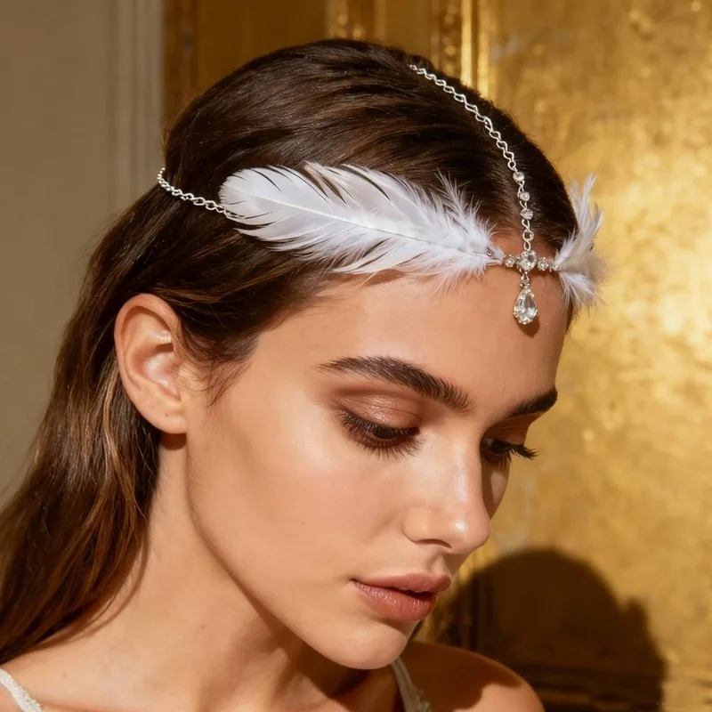 2pcs Feather Rhinestone Forehead Head Chain White Feather Crystal Headpiece ,Women Bridal Wedding Bohemian Party Hair Accessory