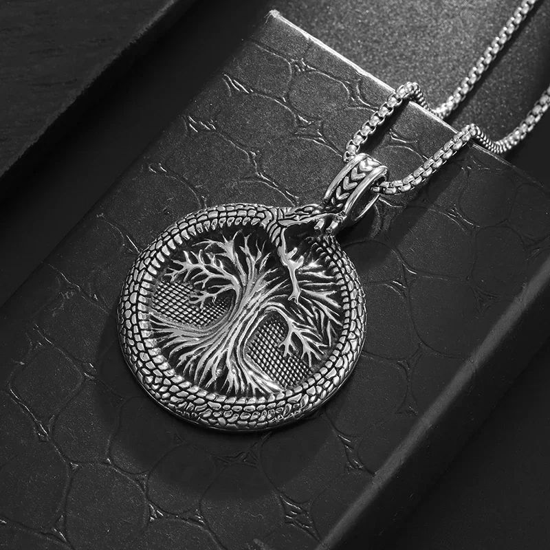 Retro Domineering Ouroboros Wrapped Around The Tree of Life Pendant Necklace Men\'s Personalized Punk Cool Casual Jewelry Gift