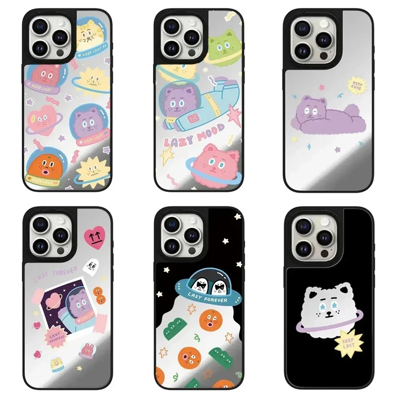 Magnetic Mirror Surface Cute Spaceship iPhone 11 12 13 14 15 16 Pro Max Protective Case, Fits iPhone 16 Pro Max