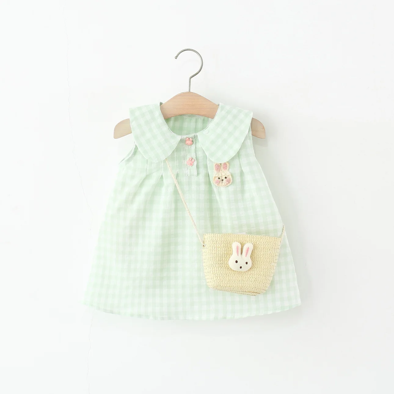 

Baby Dresses Summer Plaid And Cartoon Bunny Ears Pattern Doll Neck Girls Dress Cute Casual Vacation Girl Kid's Dress With Bag