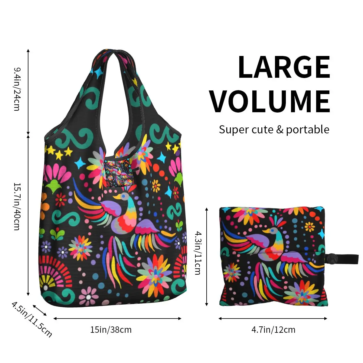 Funny Print Mexican Floral Flower Textile Shopping Tote Bag Portable Shopper Shoulder Colorful Embroidery Handbag