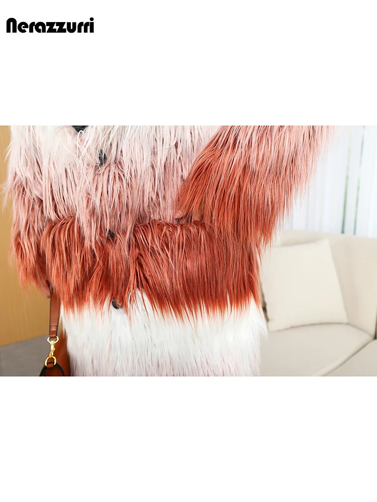 Nerazzurri Winter Long Loose Stylish Colorful Hariy Shaggy Warm Faux Mongolia Sheep Fur Coat Women with Black Pu Leather Collar