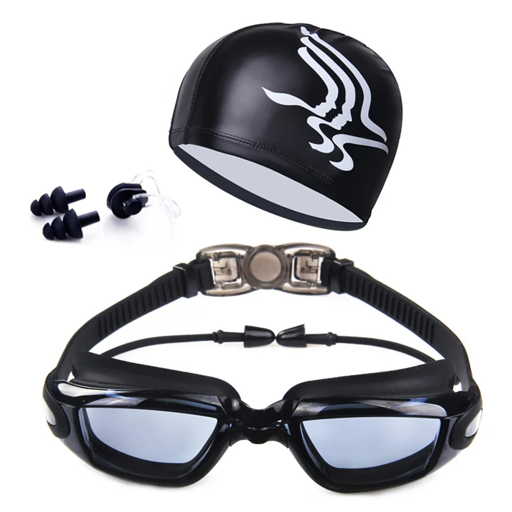Adult Swimming Glasses Kit Coated Lens Anti Fog Swim Goggles + Cap + Case + Nose Clip + Ear Plugs Men Women Coated Lens Anti Fog