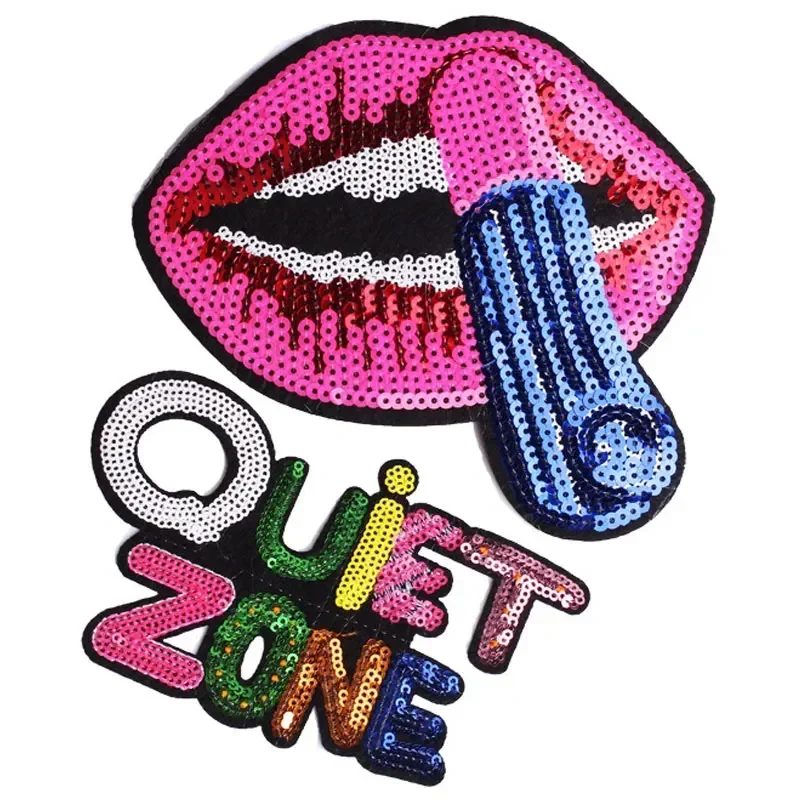 Large Lips Sequin Patches for Clothing Thermoadhesive Patch Stickers on Girls T Shirt Jackets Iron on Embroidered Letters Patch