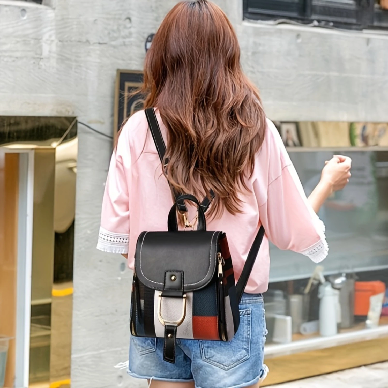 Ransel Fashion Wanita Klasik, Tas Buku Kasual Trendi Gaya Korea, Desain Kotak-kotak, Daypack Flap Komuter Untuk Wanita