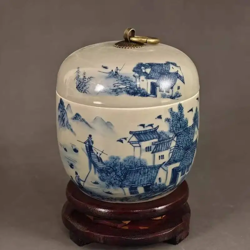 Chinese Blue And White Porcelain Water City Pattern Tea Pot 4.53Inch Shanlechi