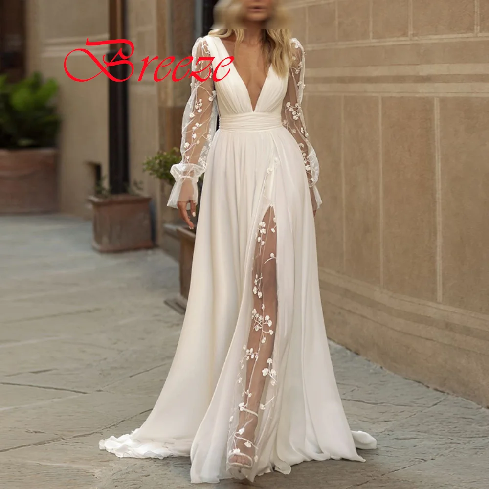 

Customized White Organza Embroider Long Sleeves Wedding Dress V-neck Elegant Temperament Bridal Party Vestido De Novia Dreamy