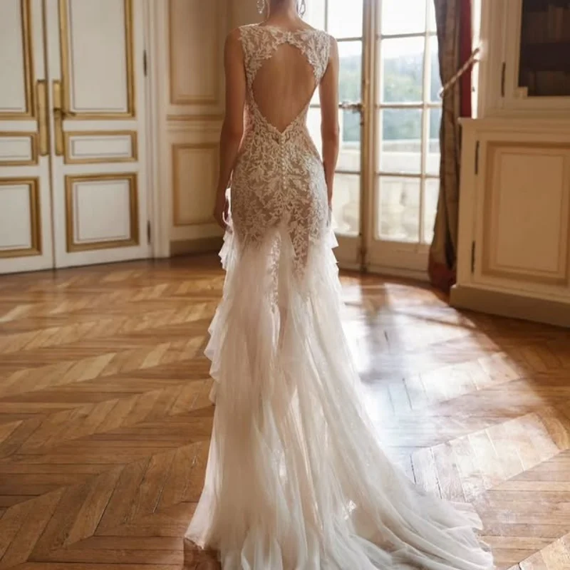 カスタマイズされたアイボリーホワイトボールガウンのウェディングドレス女性のためのタルサテンレイヤリングフィッシュテールスカートウェディングドレス Vestidos デノビア