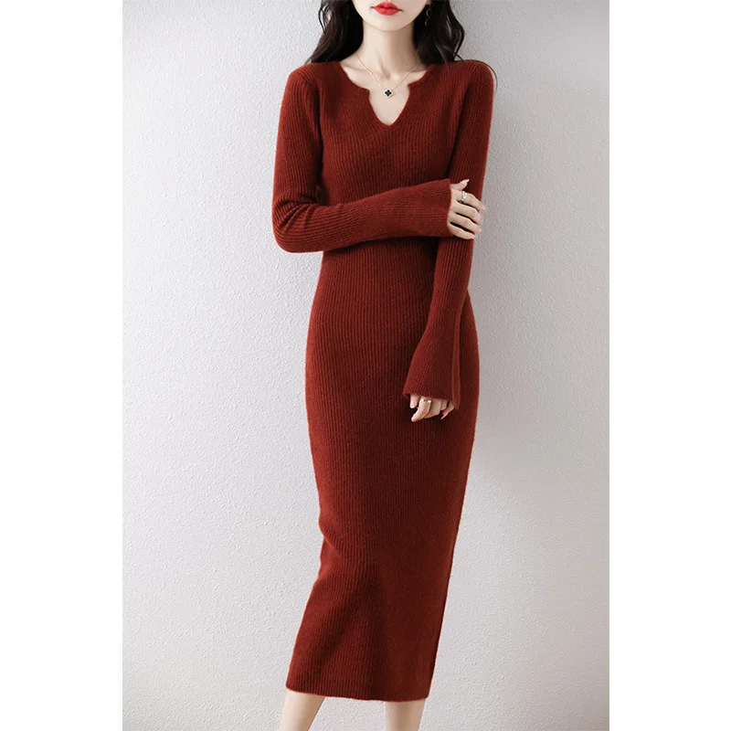 

Fashionable Elegant Dress New Wool Knitted Long Dress Long Sweater Over--Knee Long Sleeve Sweater Dress Autumn Winter Wo