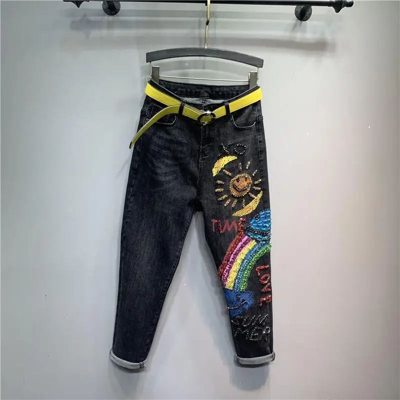 

European Station 2024 Spring Autumn New Heavy Industry Nail Bead Sequins Contrast Colored Graffiti High Waist Small Feet Jeans