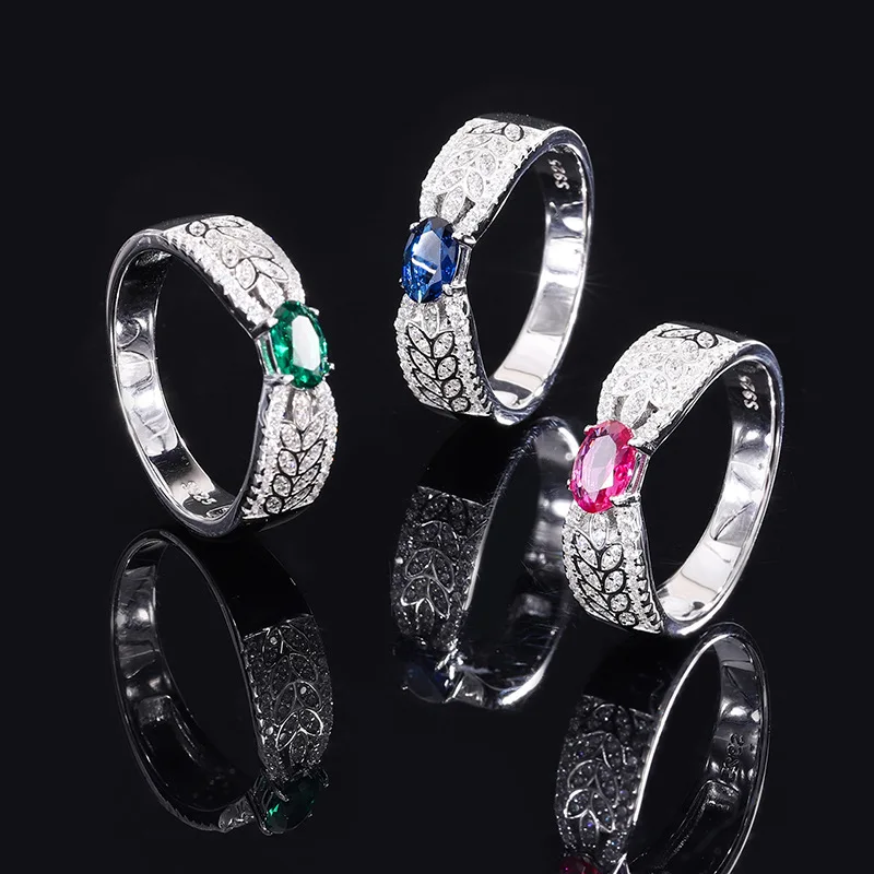 

2022 New S925 Sterling Silver Ruby Emerald High Carbon Diamond Love Leaves Crystal Ring for Women Jewelry Proposal Wedding Gift