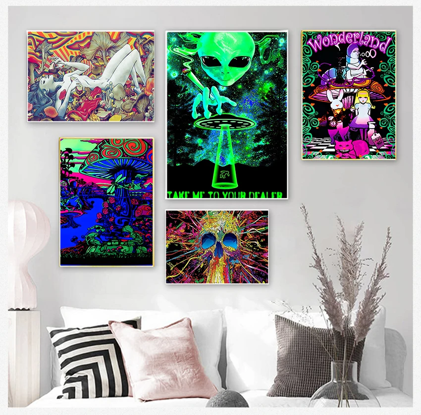 لوحة حريرية سحرية سوداء خفيفة ، ملصقات فنية جدارية وطباعة ، ديكور منزلي ، عقل مخدر ، تعليم الفطر البصري #3