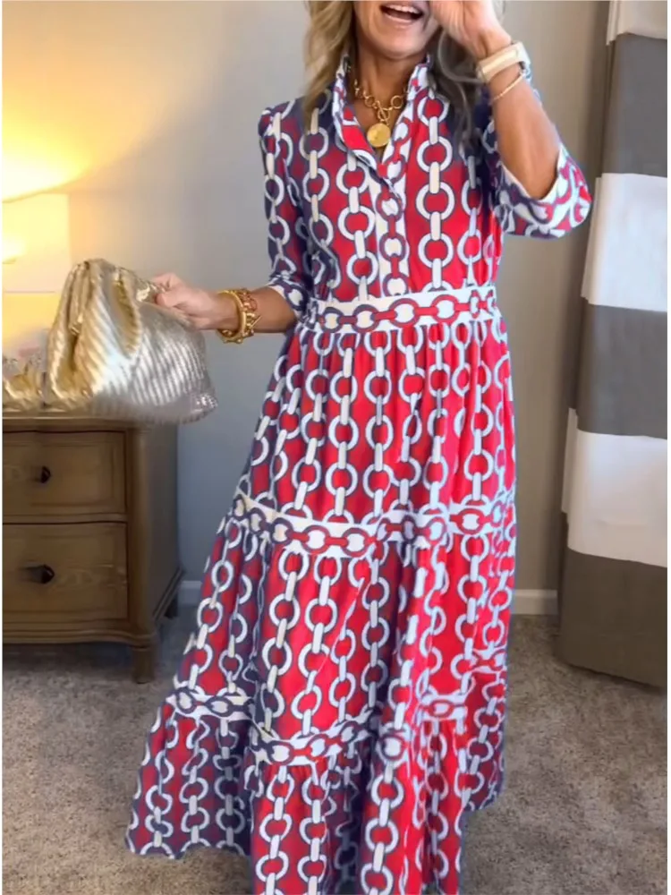 Sukienka Boho Długa Damska Nowa Wiosenno-Letnia Sukienka Maxi Damska Sukienki Damskie Długi Rękaw Drukowana Codzienna Sukienka Rozkloszowana Vestidos