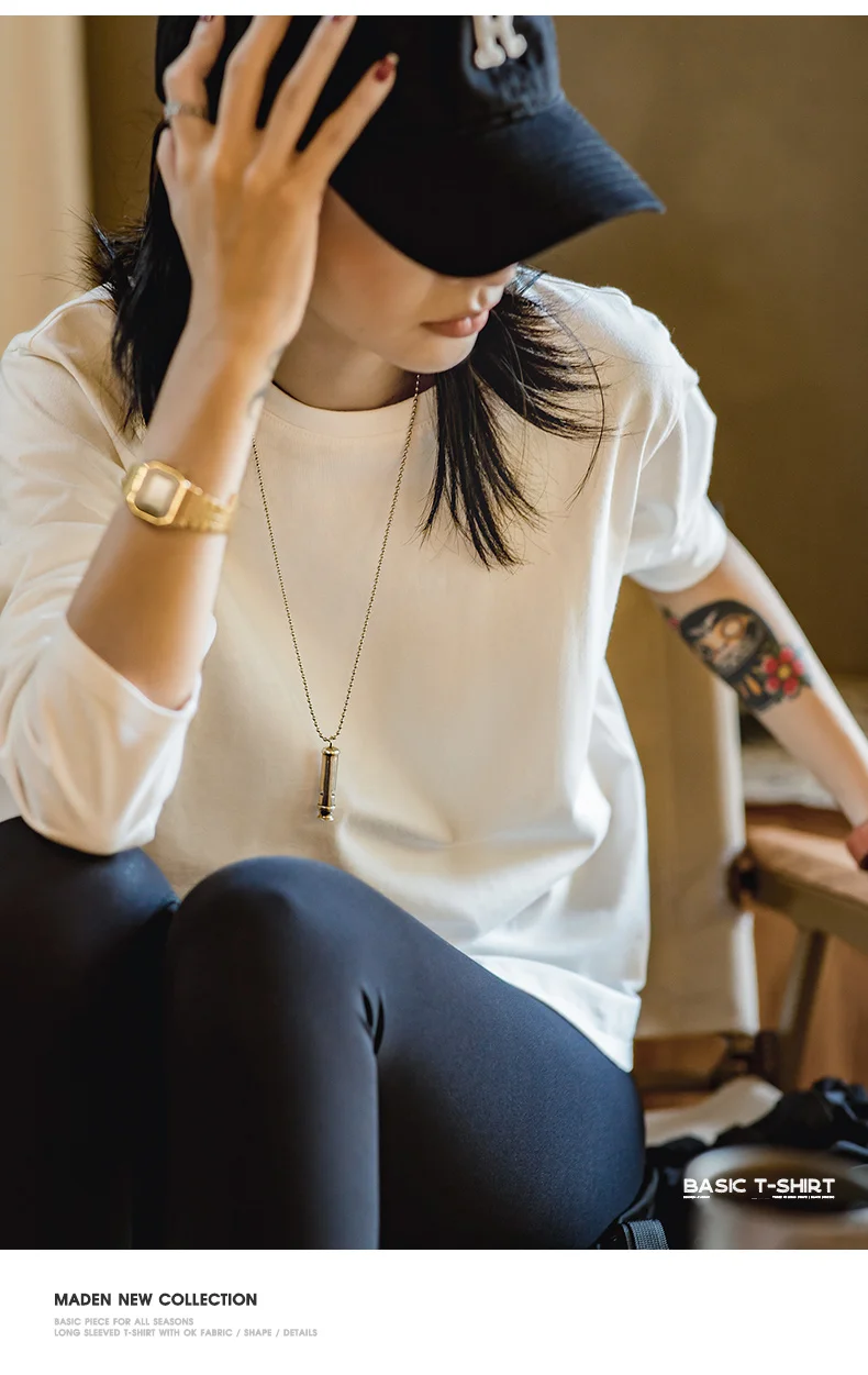 Maden Long Sleeve Basic T-Shirt for Women Round Collar Cotton Tops Loose Fit Solid Color Tees Oversized T-shirts