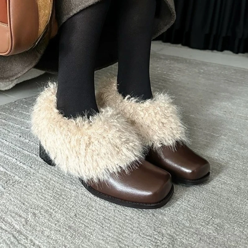 New Fashion Furry Lambwool Women Mary Jane Shoes Elegant Square Toe Slip on High Heels Shoes Autumn Warm Ladies Thick Heel Shoes