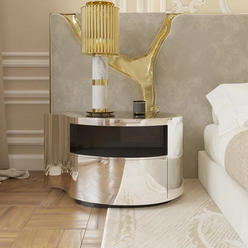 

Stainless steel bedside table household bedroom villa luxury bedside storage cabinet