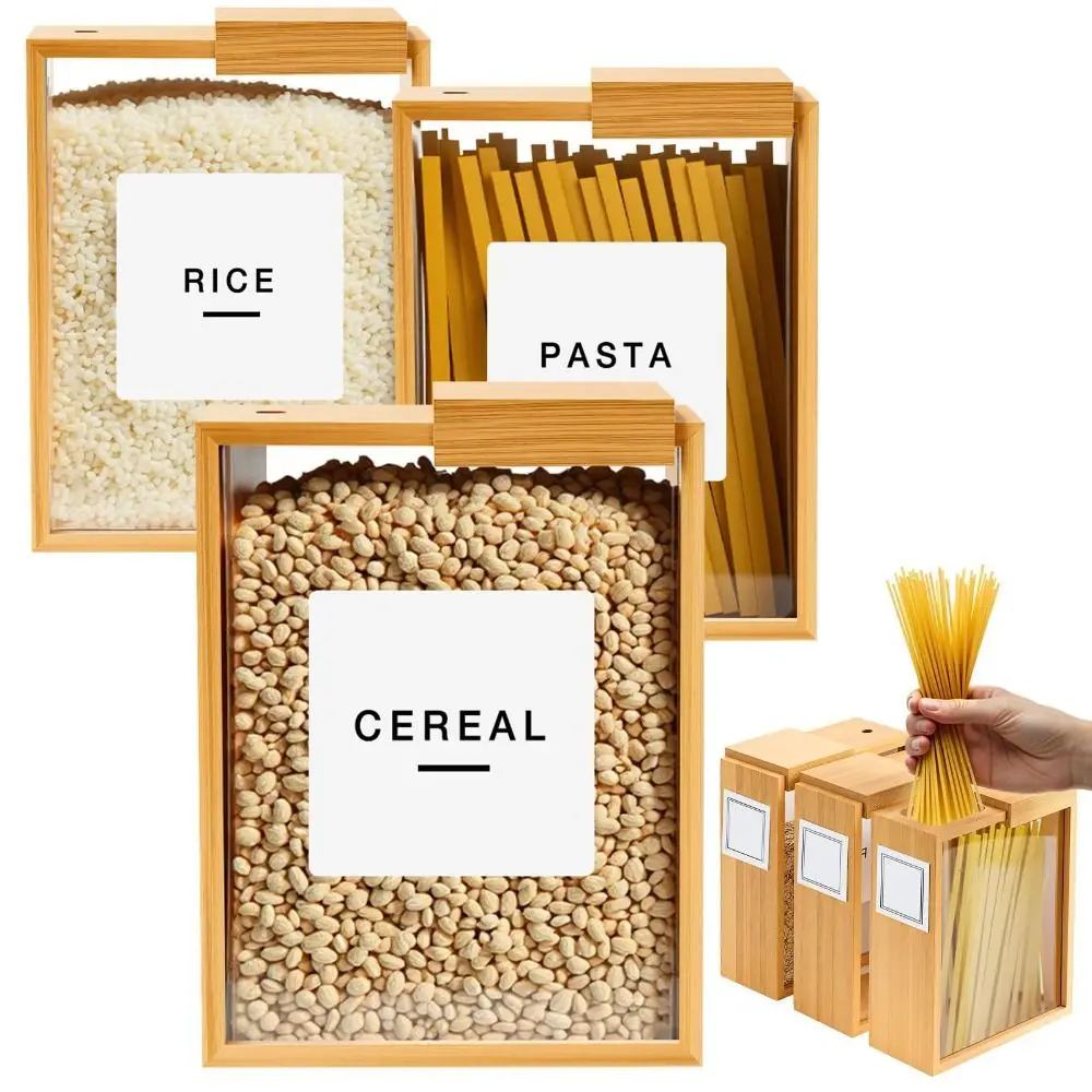 

Bamboo Food Storage Containers with Slide Lid Wide Mouth Design Cereal Storage Boxes Transparent Sealing Food Dispenser