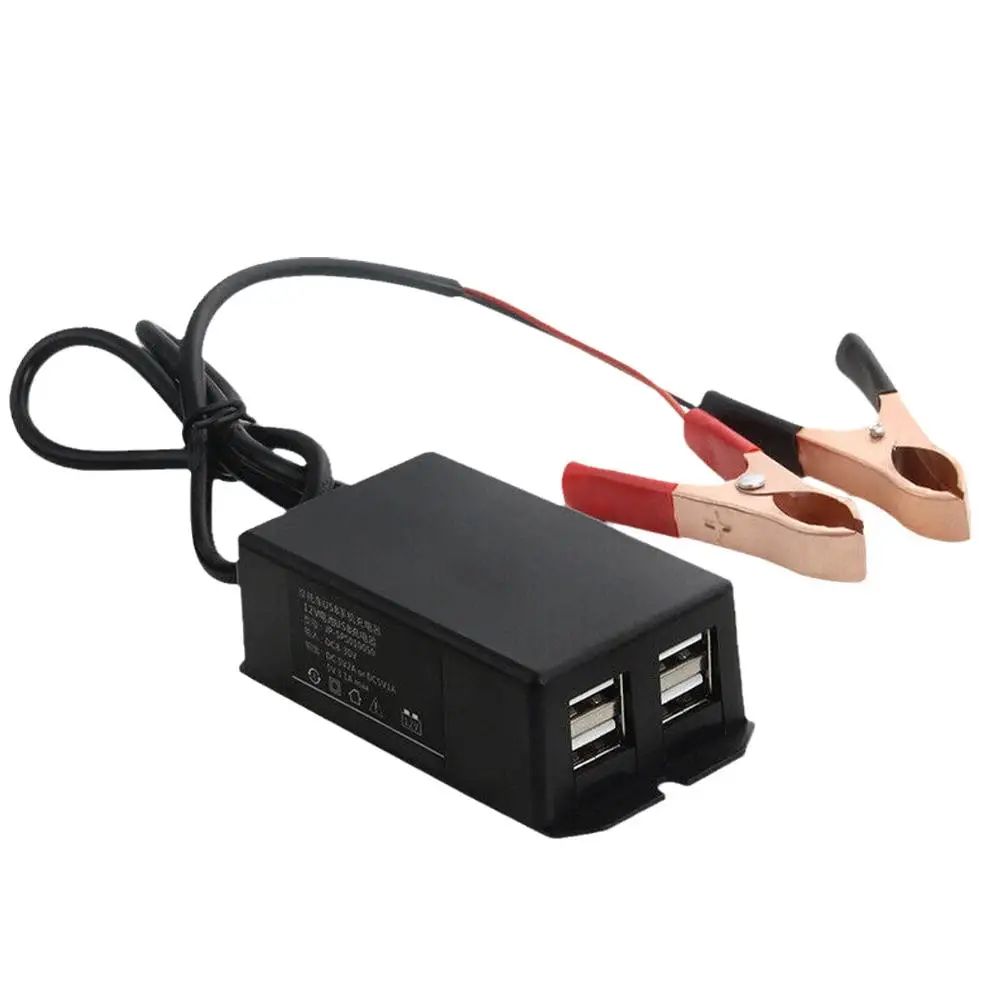 12V DC Power Adapter with Battery Clip Motorcycle Vehicle USB Hub Phone Charger 4 Ports USB 5V 3A DC8-30V Charging