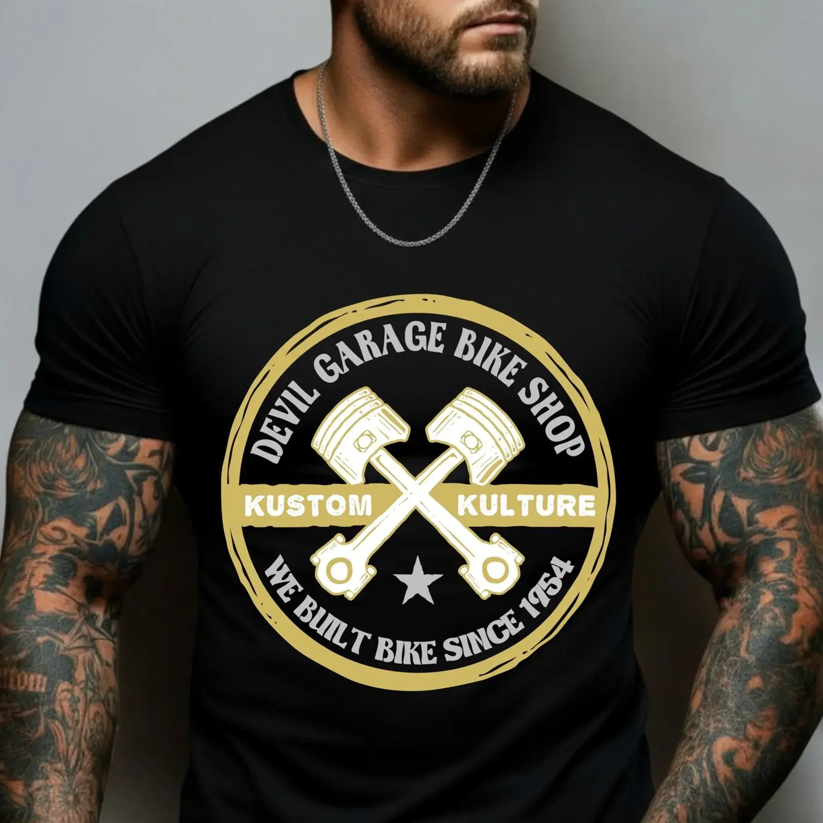 Herren-T-Shirt „Devil Garage Bike Shop“ mit Kustom Kulture Piston Print, Vintage-Motorrad-Freizeitoberteil für Custom Builder Vintage