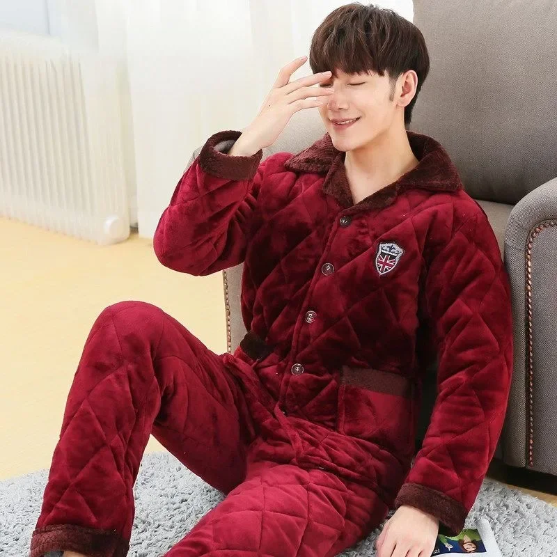 New Pajama Men Winter Quilted Loungewear Plus Thick Velvet Sleepwear Three Ply Cotton Flannel Nightwear Warm Homewear Suit