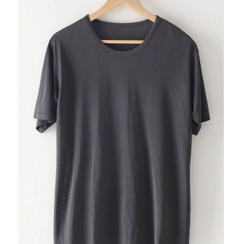 Birdtree 100%Real Silk T-shirt, Men Knitted Tops Comfortable Tee, Loose Casual O Neck Cultural Pure Color Man Pullover T37203QC