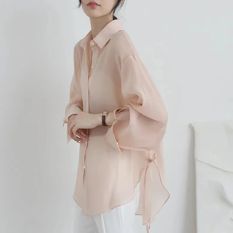 Sexy See Through Elegant Shirt Women Korean Loose Sun Proof Sweet Blouse Summer Thin Long Sleeve Lady Casual Lace Up Design Tops