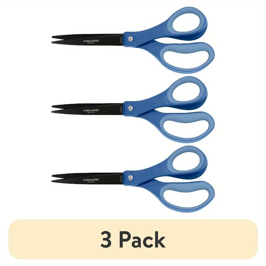 (Pack of 3) 8" Adult Non-Stick Titanium Everyday Office Scissors, Durable titanium-coated stainless steel blades