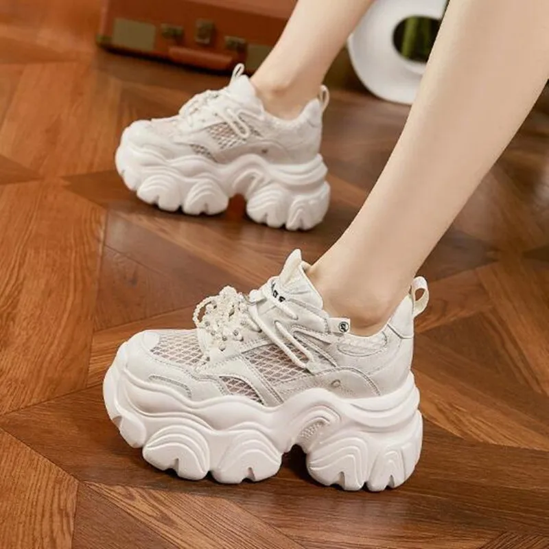 

Fashion 10CM Air Mesh Genuine Leather Chunky Sneakers Spring Summer Ankle Boots Hook High Brand Comfy Booties Flower Shoes Women