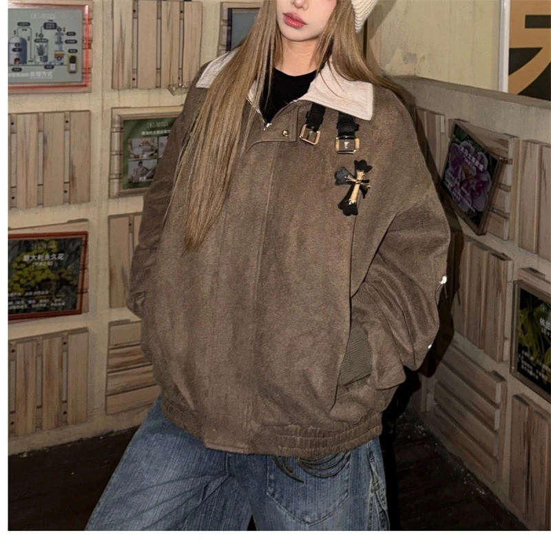 Women's Lapel Design Zipper Brown Jacket Unisex 2000s Clothes Vintage Long Sleeves Coat Warm Loose Outerwear