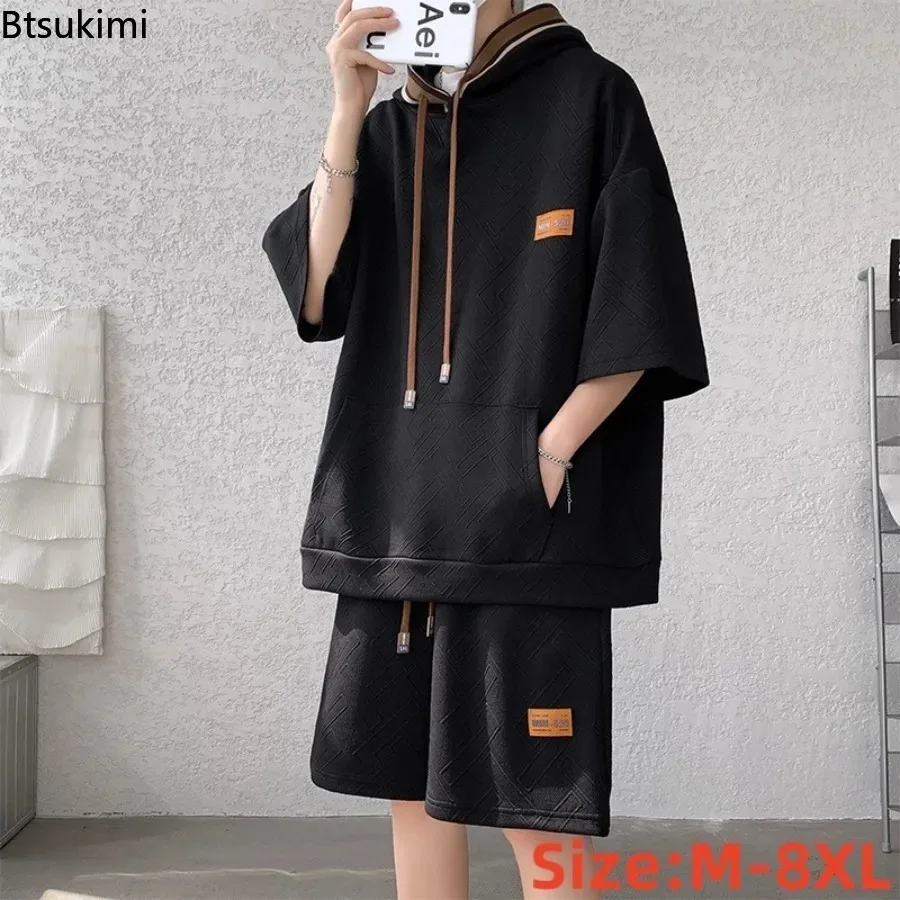 

Men's Hooded Short Sleeved T-shirt Shorts Two-piece Set Summer Trend Casual Sports Fitness Oversized SIze M-8XL Two-piece Set