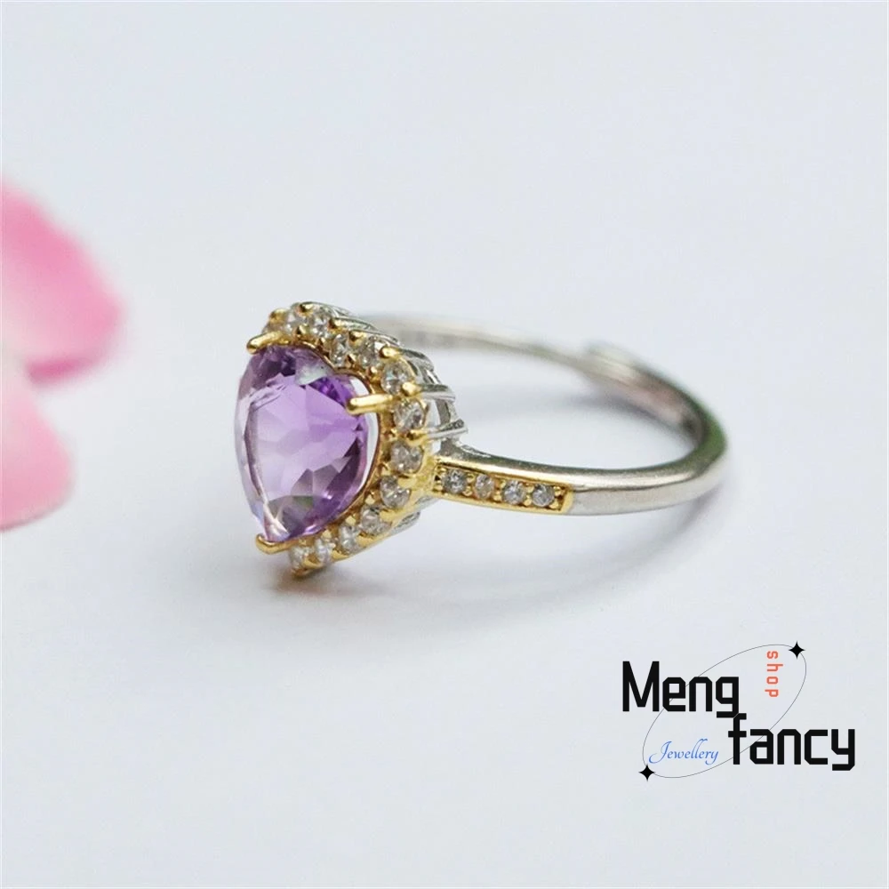 Natural S925 Silver Amethyst Cordate Exquisite Elegant Adjustable Ring Exquisite High-grade Couple Promise Fashion Fine Jewelry