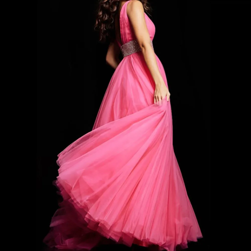 A-Line Sexy Tulle Deep V Neck Sleeveless Pleated High Slit Full Length Prom Evening Gown Robe de Bal