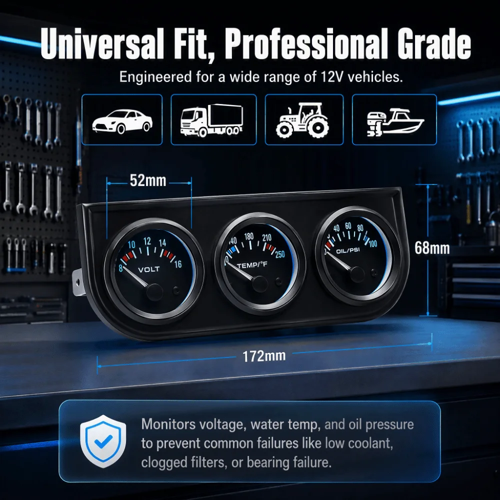 Easy Installation 2 Inch Triple Gauge Set Black 3 in 1 Car Gauge Cluster Car Meter Kit Vehicle Monitoring