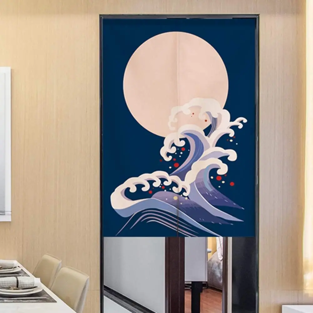 Japanese Seigaiha Wave & Moon Noren Curtain, Navy Blue Wave & Full Moon Print, Japanese Door Curtain for Home Entrance Zen Decor