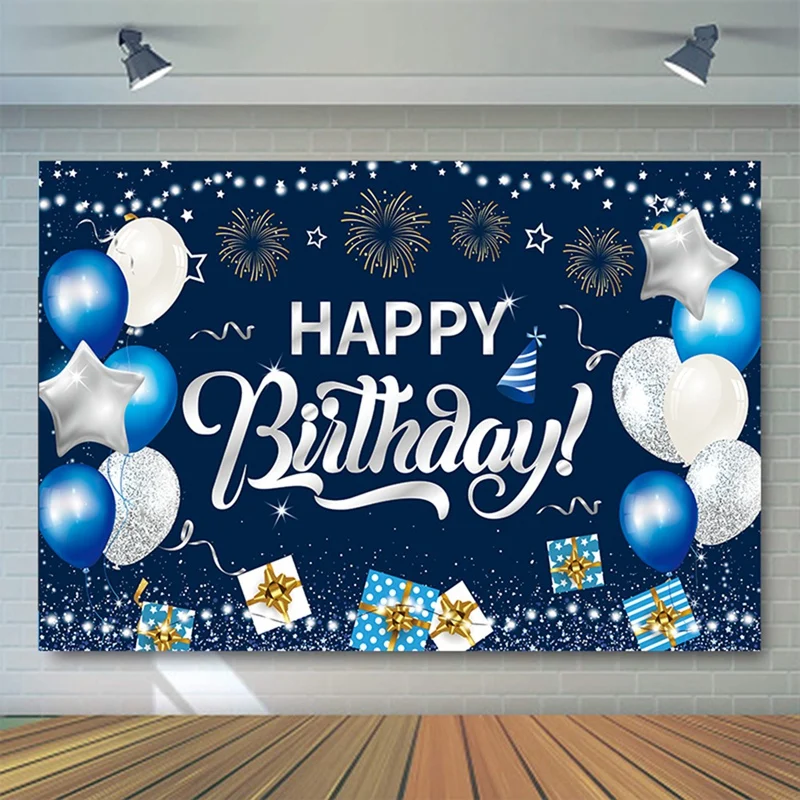 115X180cm Happy Birthday Photography Backdrop Blue Glitter Balloon Birthday Party Photo Background Photography Cloth, Durable