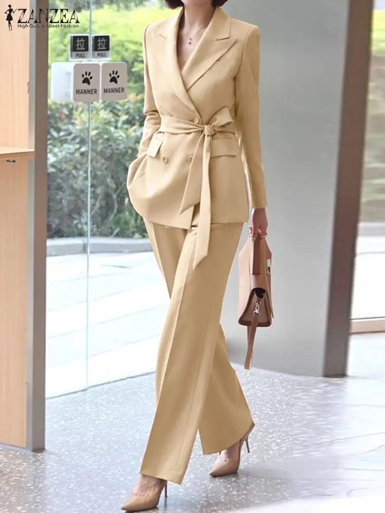 ZANZEA Stylish Pant Sets Women Commute Casual Blazer Elastic Waist Trousers 2pcs Outfits Elegant OL Wide Leg Suits