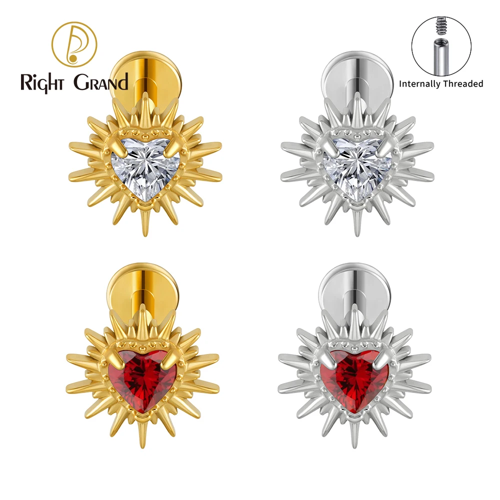 Right Grand Brinco labret ASTM F136 em titânio com base plana e zircônia cúbica em formato de coração, calibre 16G, para cartilagem, hélix, tragus e concha. Ideal para piercings de orelha Dia dos Namorados