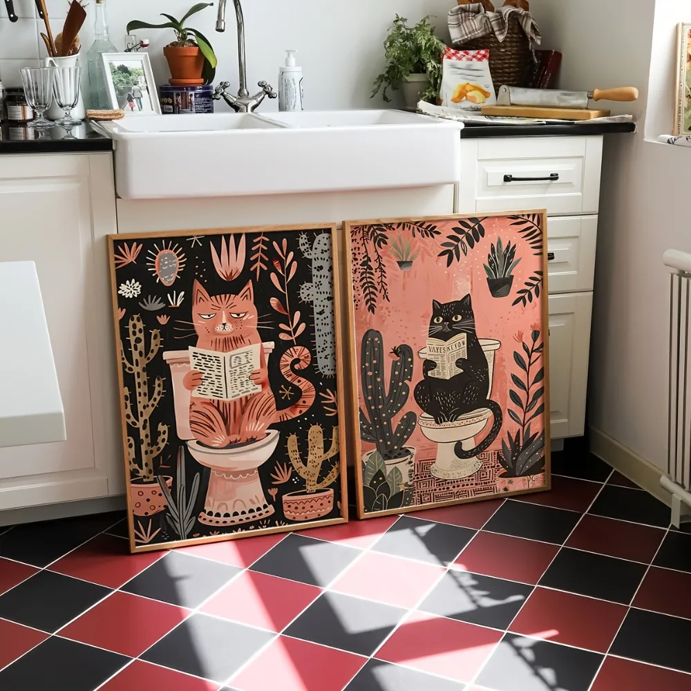 2pcs frameless Canvas Painting A Set of 2 Funny Bathroom Cats Reading Newspaper Printing,Animal Toilet Wall Art,Retro Bathroom W